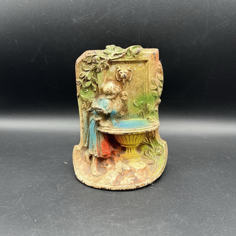 Antique Original Cast Iron - Rebecca‎ At The Water Well Bookend - Original Paint